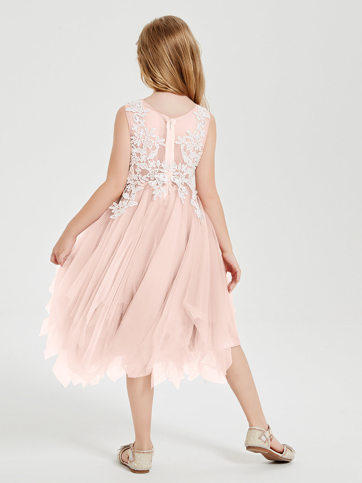 Tea Length Tulle Junior Bridesmaid Dresses Pearl Pink